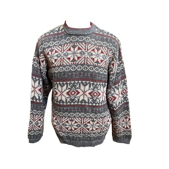 Vintage Structure Mens Crewneck Sweater Snowflake Gray Red Fair Isle Size Large - Picture 1 of 7